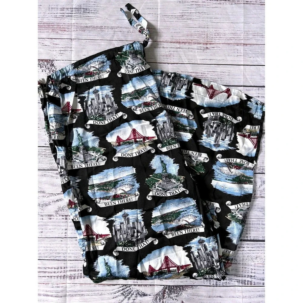 Joe Boxer VTG 100% Silk Pajama Set Men Black Novelty Travel Landmark Print Large